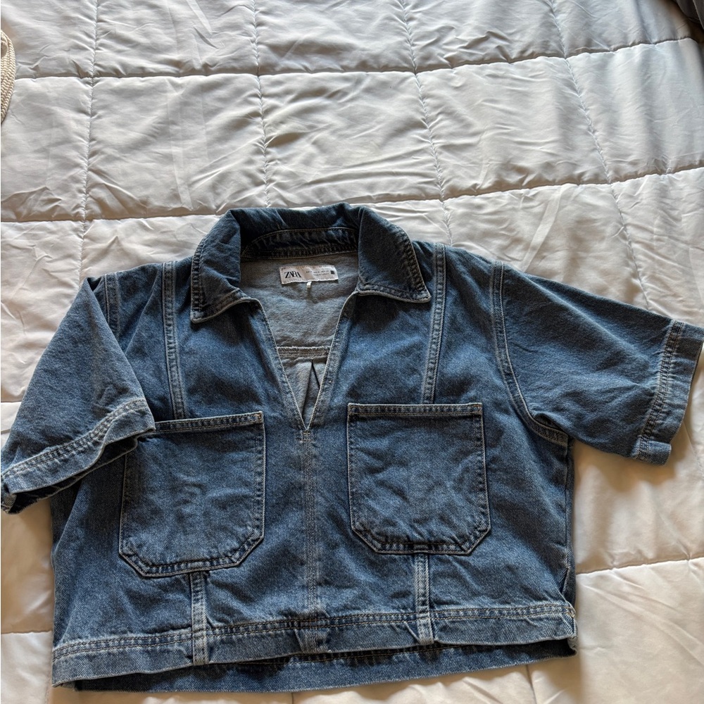 Zara Dark Blue Denim Cropped Top